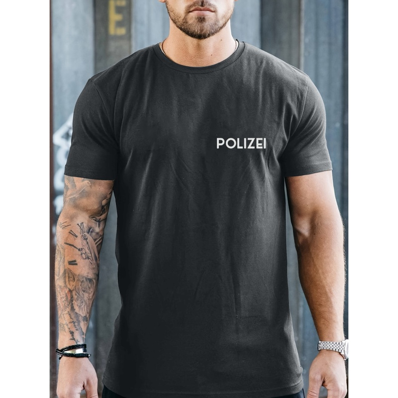 

Men's Casual Crew Neck T-shirt With "polizei" Print, 100% Polyester Short Sleeve Knit Fabric Top, Summer Regular Fit Pullover For - H Size