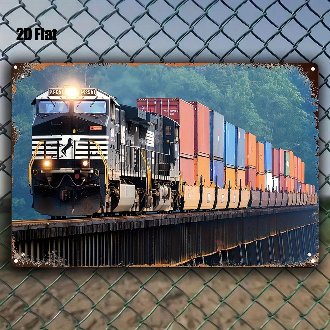 TEMU 2d Flat, 1pc Vintage Railroad Freight Train Metal Poster - Heavy-duty Iron Construction, 20.32x30.48cm Large Railway Decor With & Cargo Cars -