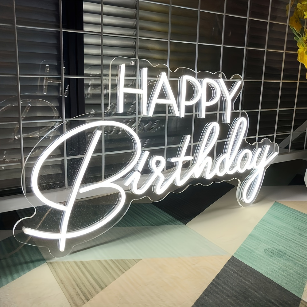 TEMU "happy Birthday" Neon Sign: White Led Cursive Letter Shape, Usb Powered, Wall Mounted, Great For Bedroom Decoration