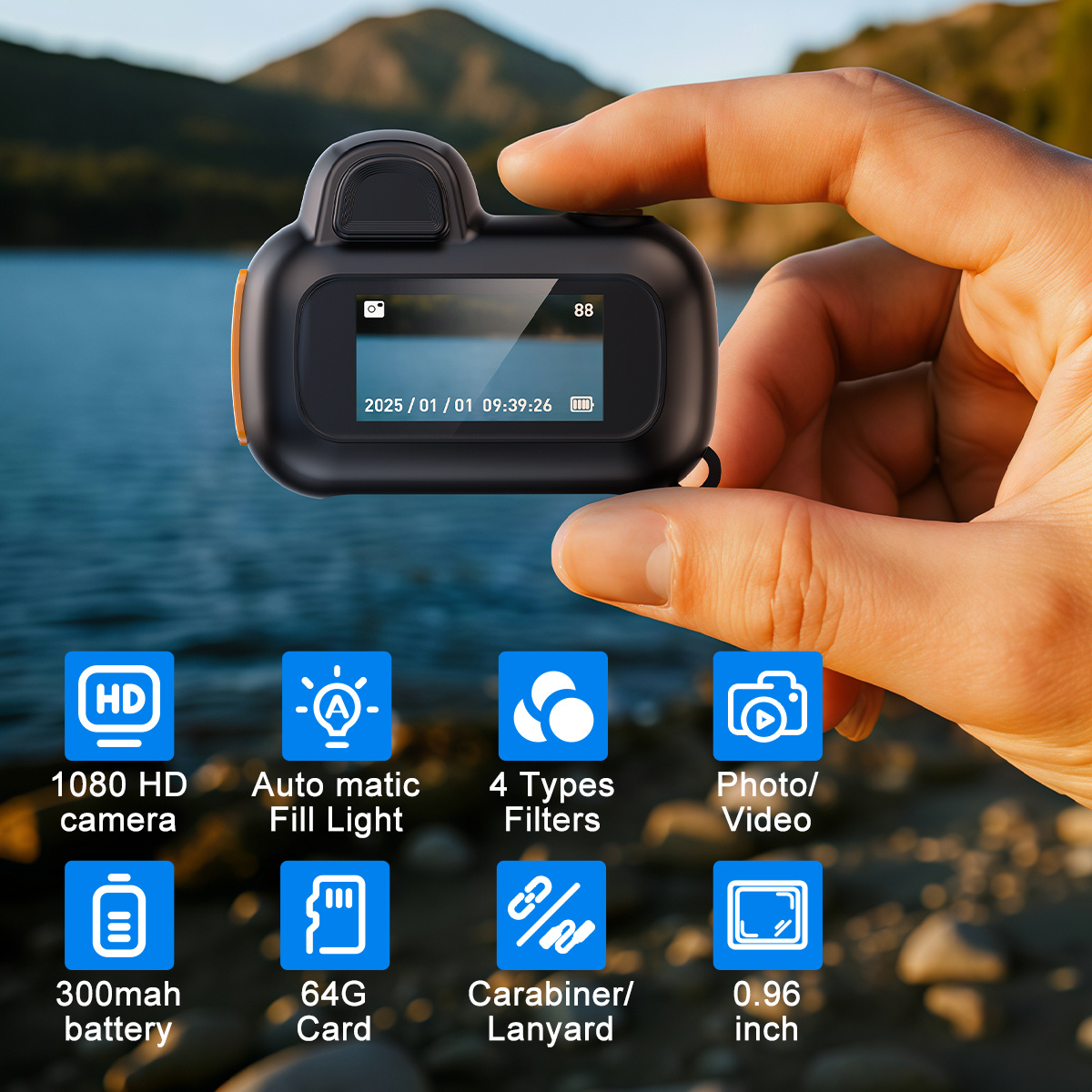 Dispositivo de grabación de video HD 1080P compacto - Cámara digital tipo llavero con tarjeta de memoria de 64 GB, pantalla HD de 0.96 pulgadas, batería de larga duración y diseño ultra portátil, ideal para viajes, vlogging y fotografía nocturna (Negro)