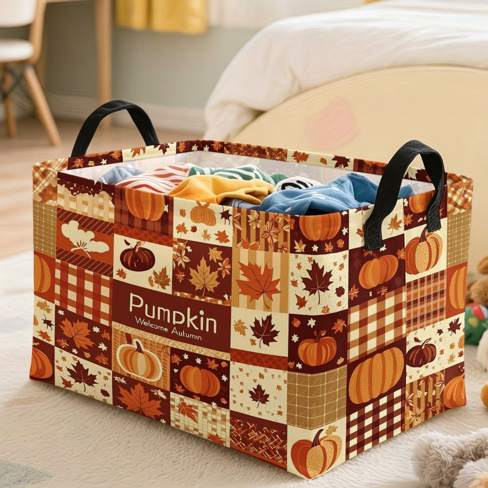 TEMU 1pc, Festive Autumn Storage Basket, Warm Brown Orange Beige Tone With Pumpkins And Print, Multiple Specifications , Perfect For Home Storage And