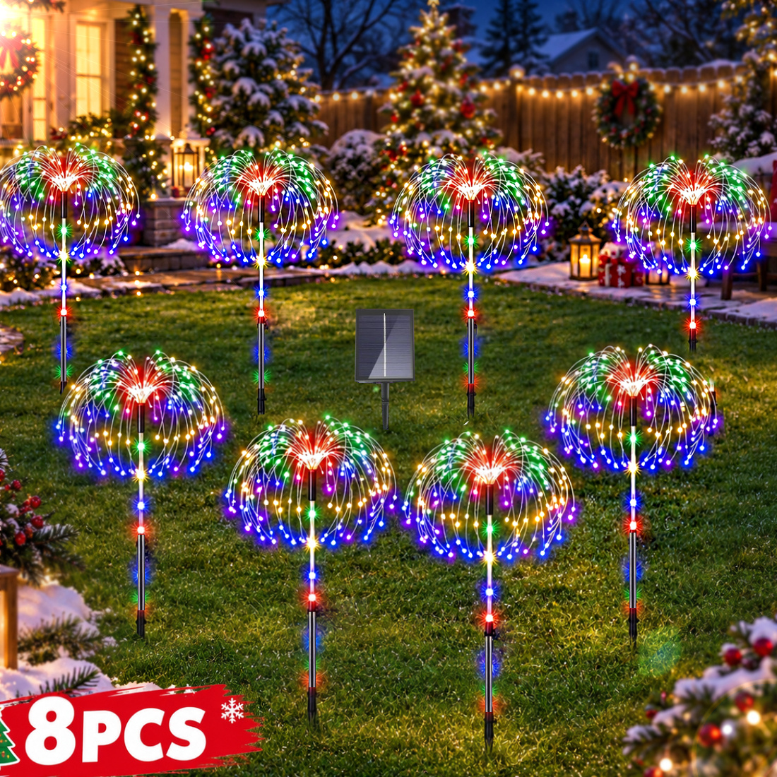 8pcs Solar-Powered Firework Lights - Christmas Outdoor Decorations, Garden Starburst Lights