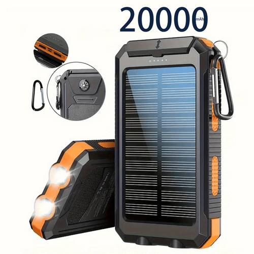 20000mah portable solar power bank portable solar mobile phone charger camping external battery charger for mobile phones 2 usb led flashlights with compass for outdoor activities