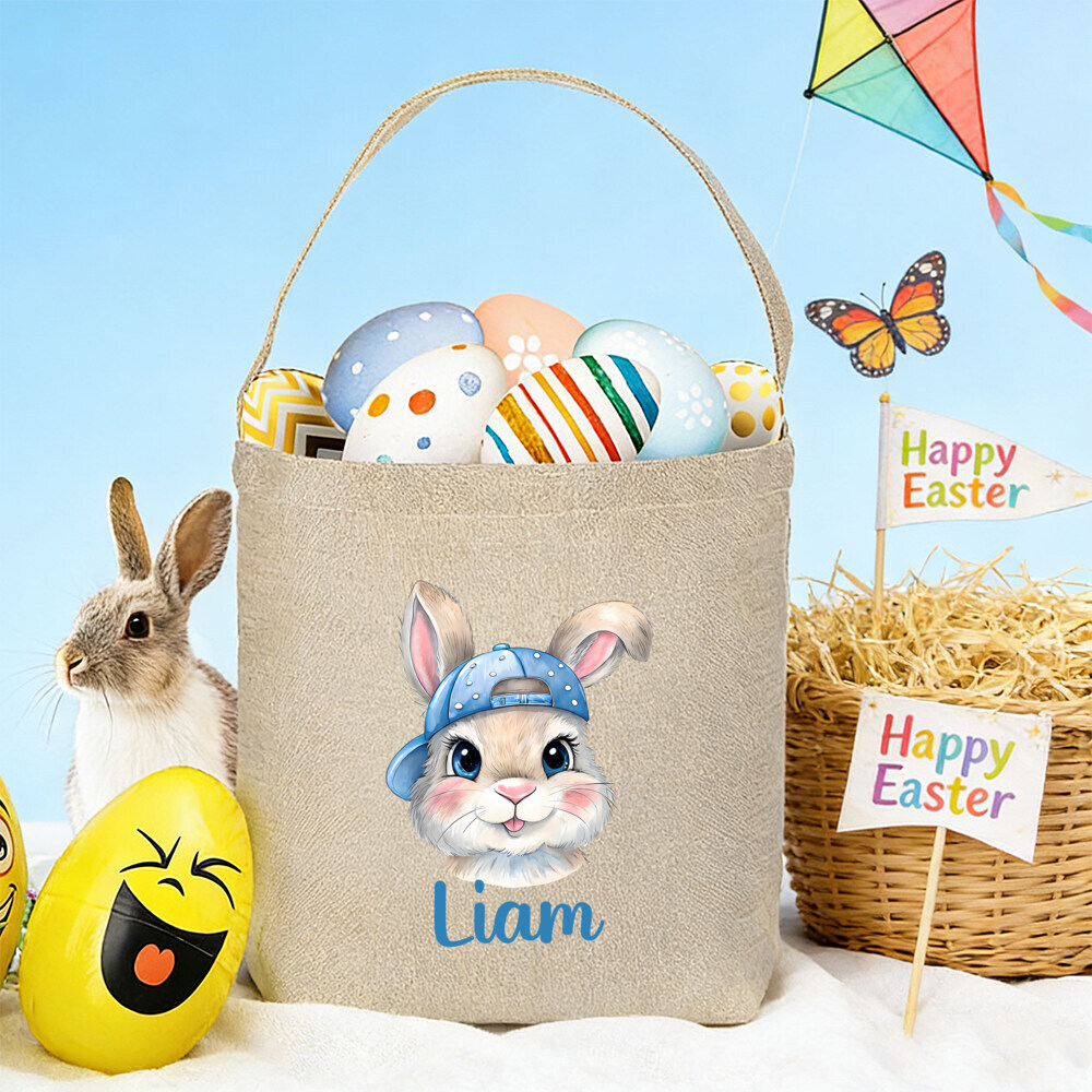 Gift For Her/him Personalized Easter Bunny Gift Basket - Custom Name, With Cute Bunny Illustration, Easter Party Tote Bag, Ideal For Spring Party Decorations, Easter Gifts, Easter Party Tote Bag