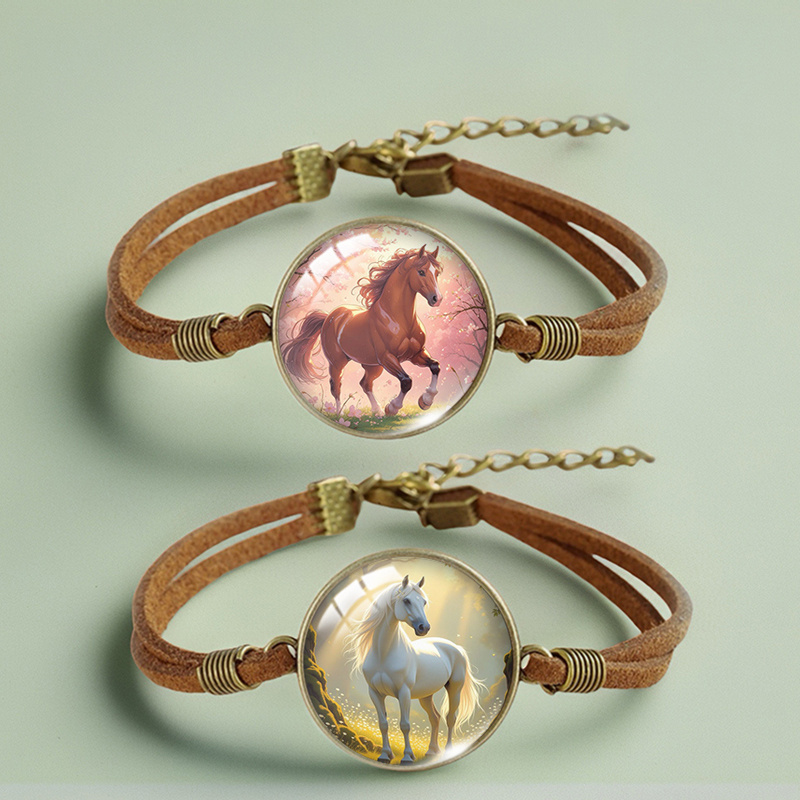 TEMU 2pcs Men's Handmade Glass Dome Horse Bangle Bangle Bracelet - Horse-themed Horse Charms & Glass Beads, Suitable For Daily Wear, Holiday Gifts,