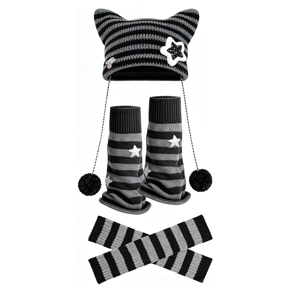 TEMU 5pcs Vintage Y2k Women's Pentagram Hat, Striped Arm Sleeves, And Knee-high Socks Set - Fashionable Warm Slouchy Socks, Knit Beanie, And Knitted