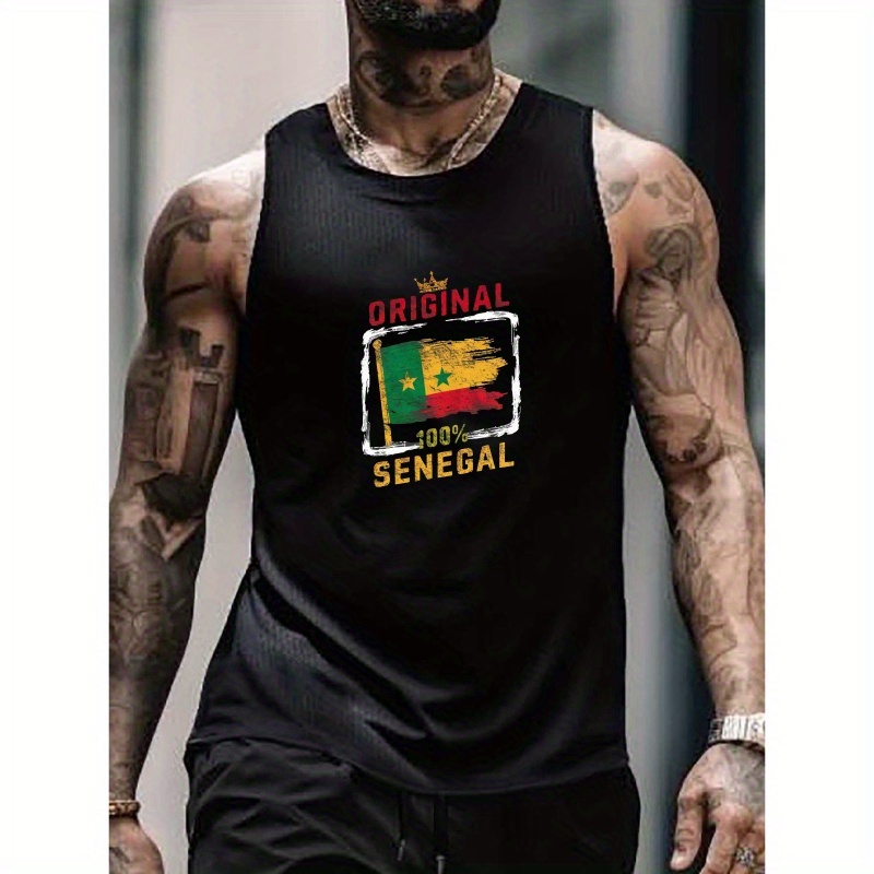 

Men's Quick-dry Mesh Tank Top With Senegal - Breathable Polyester, Sleeveless Sports Shirt For Summer, Machine Washable, Round Neck, Geometric Pattern - Gym & Casual Wear