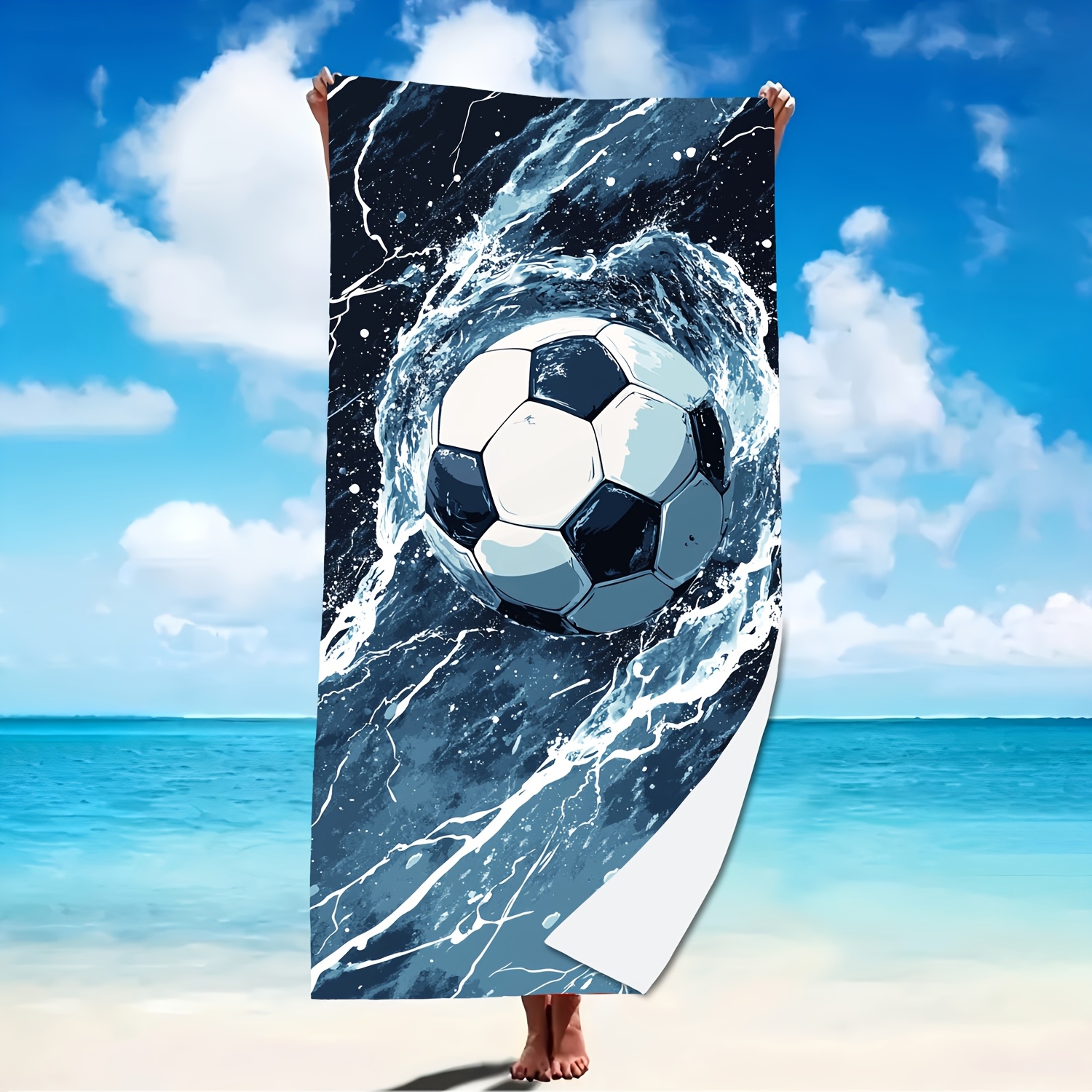 TEMU 1pc Dynamic Soccer Pattern Beach Towel: Stylish Sporty Design, Quick-drying And Absorbent, A Beach Essential, Suitable For Travel, Camping,