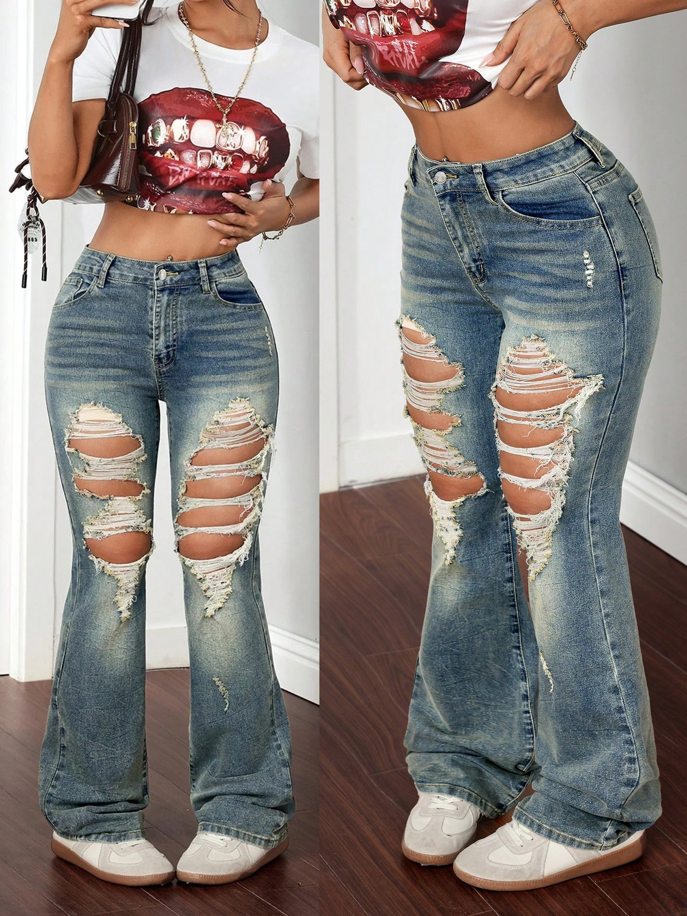 Women's Casual Washed Distressed Skinny Flare Jeans