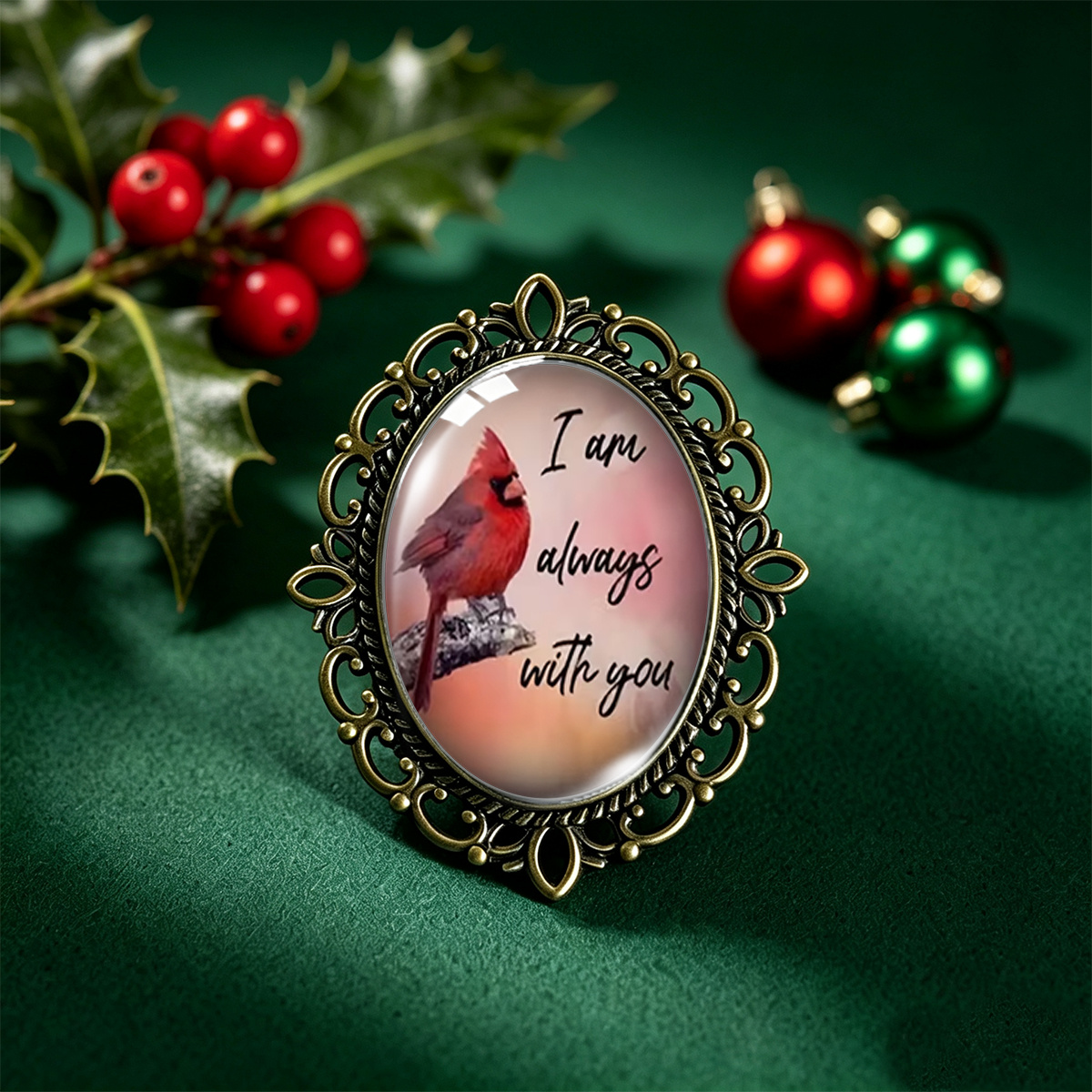 TEMU 1pc Broche en verre ovale en dentelle bronze vintage avec imprimé aquarelle doux et chaud avec slogan anglais d'oiseau cardinal nord-américain