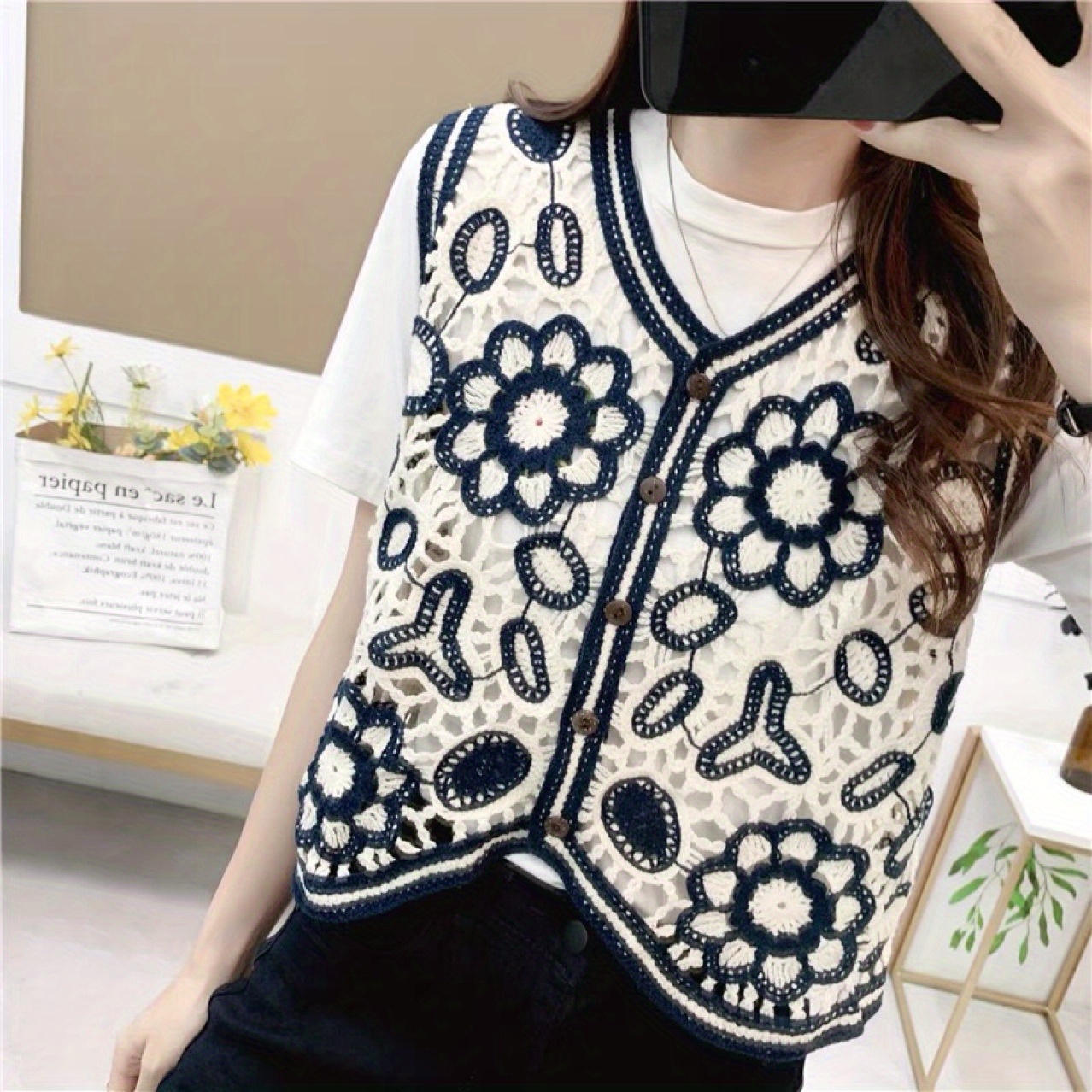 Women'S Bohemian Geometric-Patterned Sleeveless Vest - V-Neck, Lightweight Acrylic Fabric, Casual Summer Style with Hollow Detail, Perfect for Beach or Casual Attire