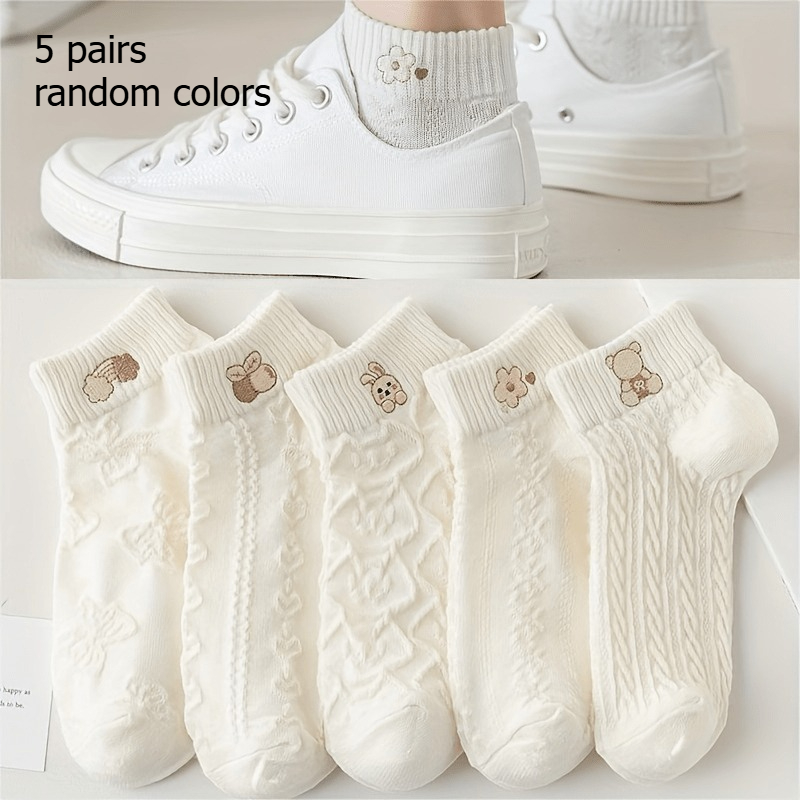 TEMU 5 Paires de Chaussettes Motif Dessin , Chaussettes Courtes Mignonnes et Respirantes, Bas et Chaussettes pour Femmes, Couleurs Aléatoires