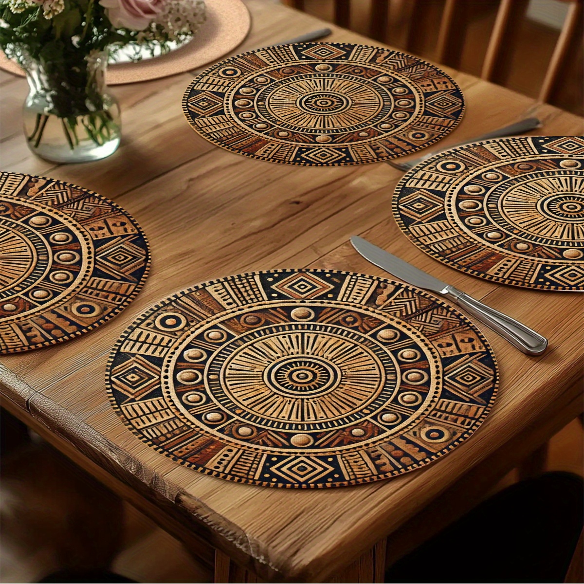TEMU 4pcs African Mud Cloth Round Placemats - 15-inch Handmade Table Mats With Earthy Tones And Traditional Geometric Patterns, Perfect For Kitchen,