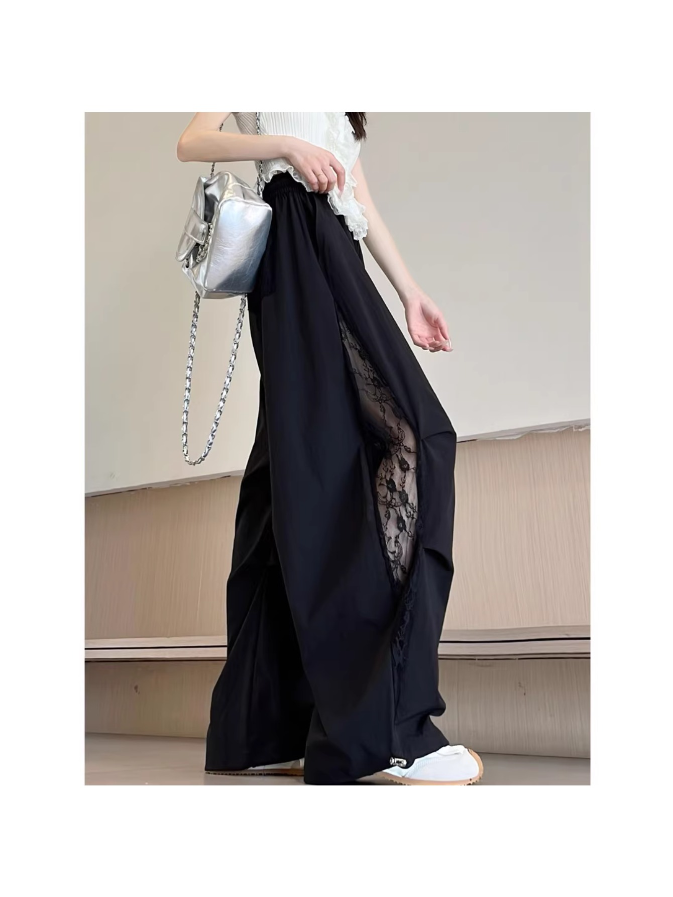 spring and summer lace splicing hollow wide leg pants womens 2026 new high waisted design loose and thin casual pants