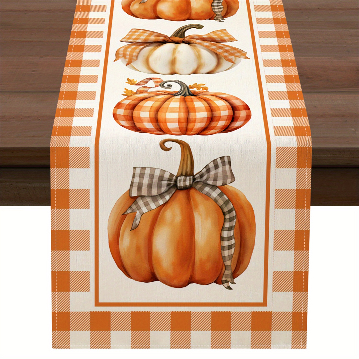 TEMU 1pièce Automne Citrouille & Bow Table Runner - Orange Vibrant, Blanc & Brun Design à Carreaux avec Citrouilles Réalistes pour Cuisine, Salle à