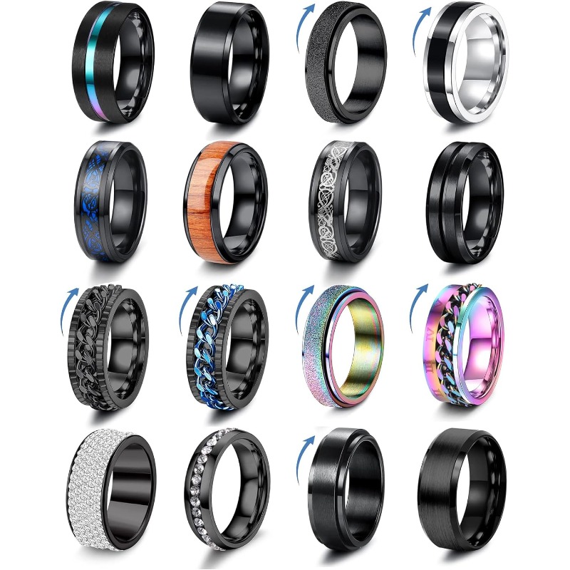 Image of 16pcs Stainless Steel Spinner Rings Fit For Wedding Anniversary Couples Gift, For Teenager, For Teenager
