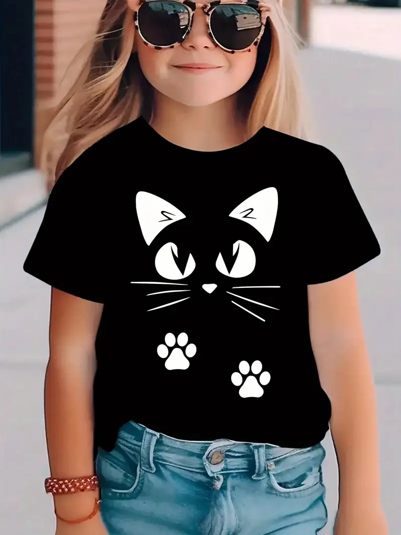 girls black white cat print t shirt cute face paw print round neck short sleeve top loose fit casual casual attire for girls playtime outfits hand washable cat lovers summer fashion with print relaxed day wear ideal for layering or solo wear suitable for s Product details 0