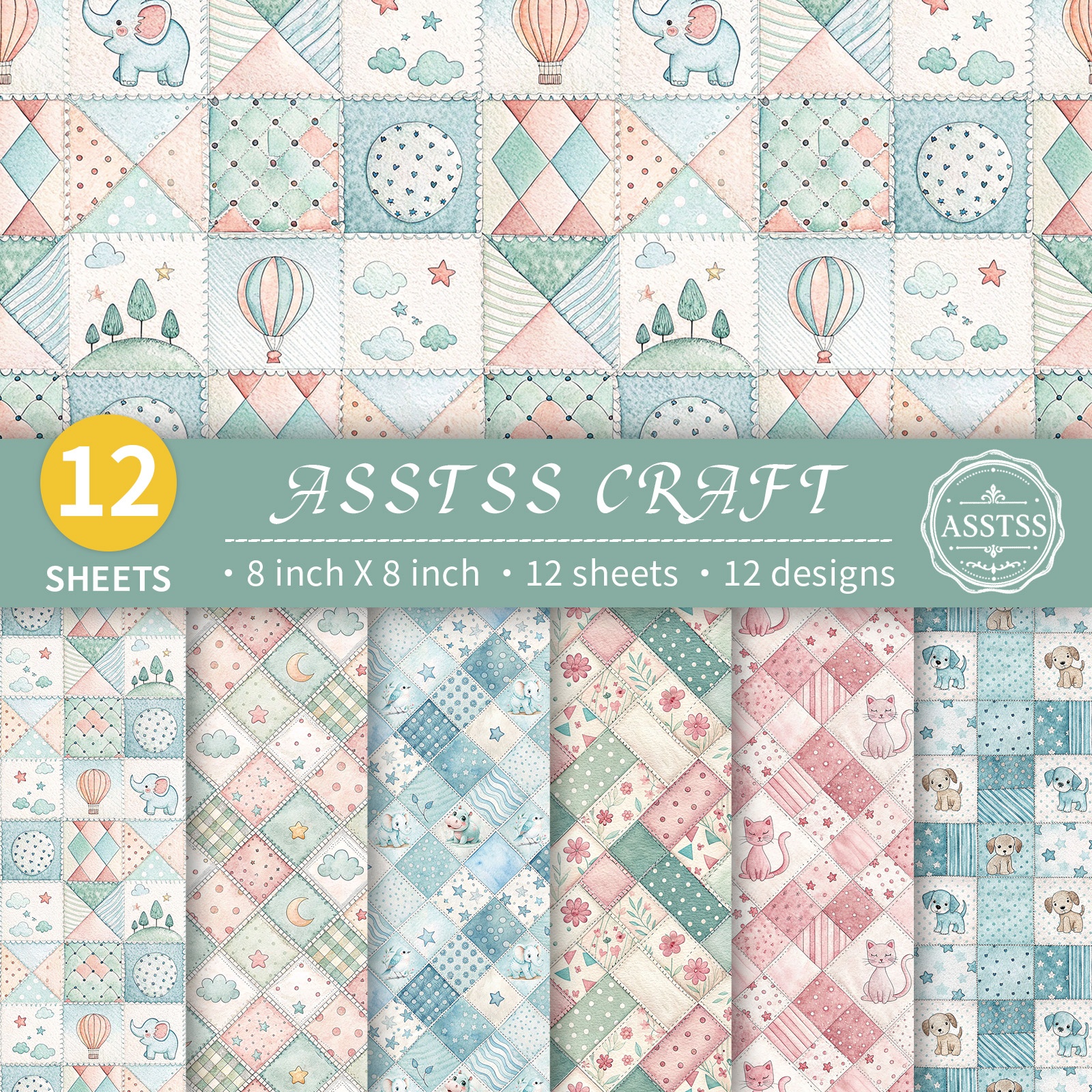 TEMU Bloc de papier scrapbooking ASSTSS de 12 feuilles 8X8 pouces, patchwork macaron, éléphant , chaton, animal, papier de fond shower, papier