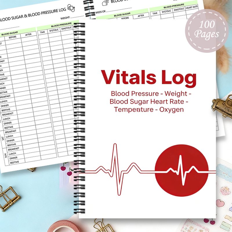 1pc Vitals Log Notebook | Daily Recording And Tracking Of Blood Pressure, Weight, Blood Sugar, Heart Rate, Temperature, Oxygen - Compact Health Journal For Diabetes Monitoring At Home With Glucose Meter Testing Tracking