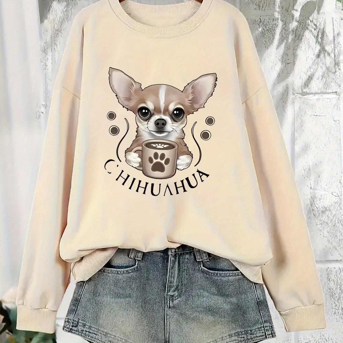 

Women's Chihuahua Dog Print Pullover Sweatshirt - Stylish Gray Knit, Long Sleeve Crew Neck, Casual & Comfortable Polyester Activewear For Adults