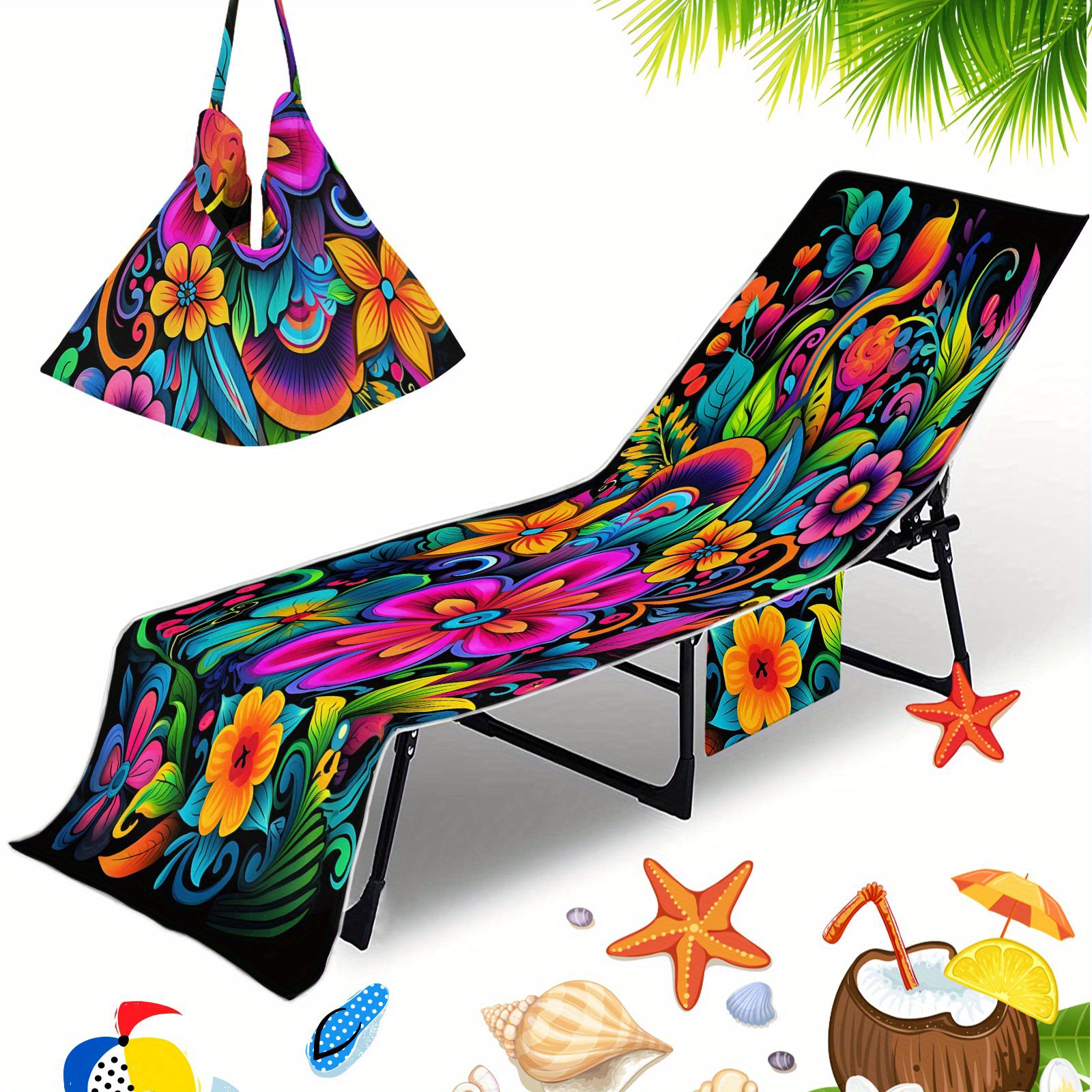 TEMU 1pc Chair Cover - Quick-dry Towel With Pockets, Vibrant Floral Mandala Pattern, Machine Washable For Poolside, Travel & Outdoor Lounge Chairs,