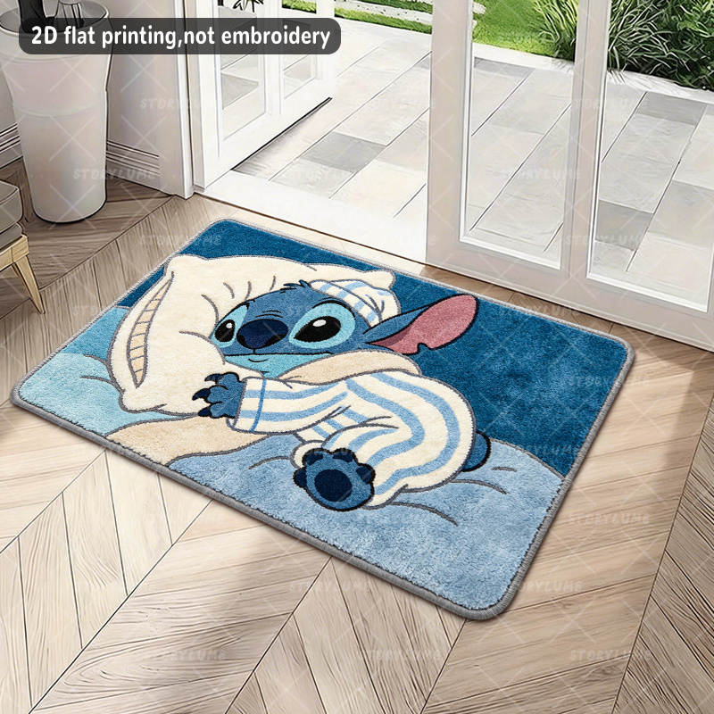 TEMU 2d Flat, 469-j, Stitch In Striped Pajamas Resting On Bed Cozy Cartoon Pattern, Welcome Mat, Suitable For Living Room Bedroom Room Kitchen Closet