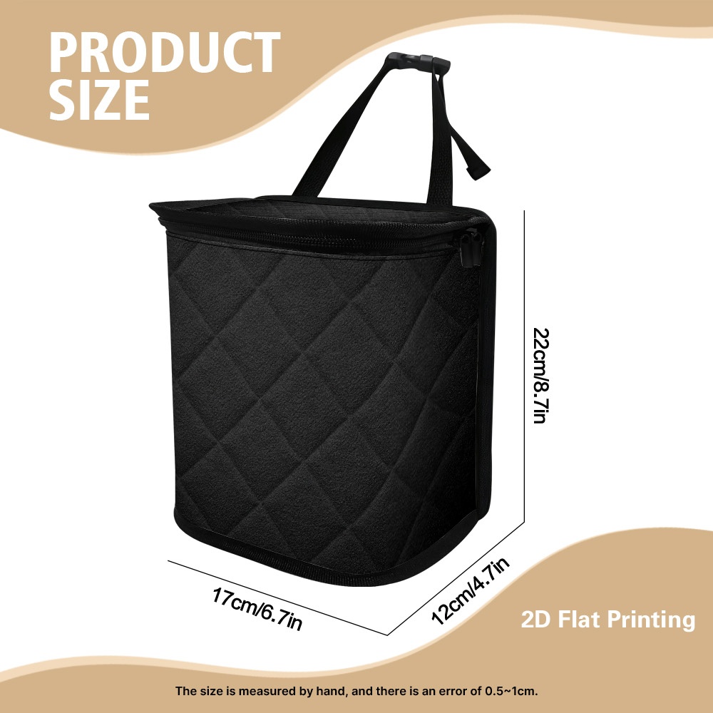 TEMU 1pc Portable Zipper Closure Car Garbage Bag With Lid Minimalist Black Grid Print -suitable For Vehicle Interior, Camping, Travel And