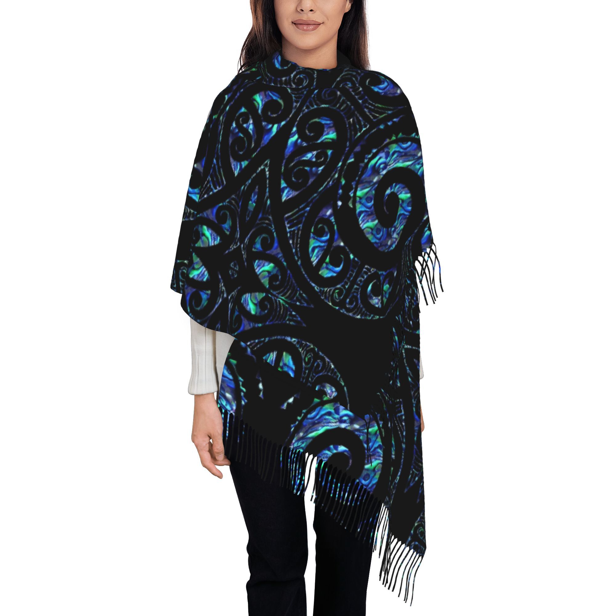 TEMU New Zealand Maori Paua Tattoo Koru Unisex Style Fashion Tassel Scarf Office Insulation Warm Windproof Shawl Suitable For Camp Cycling