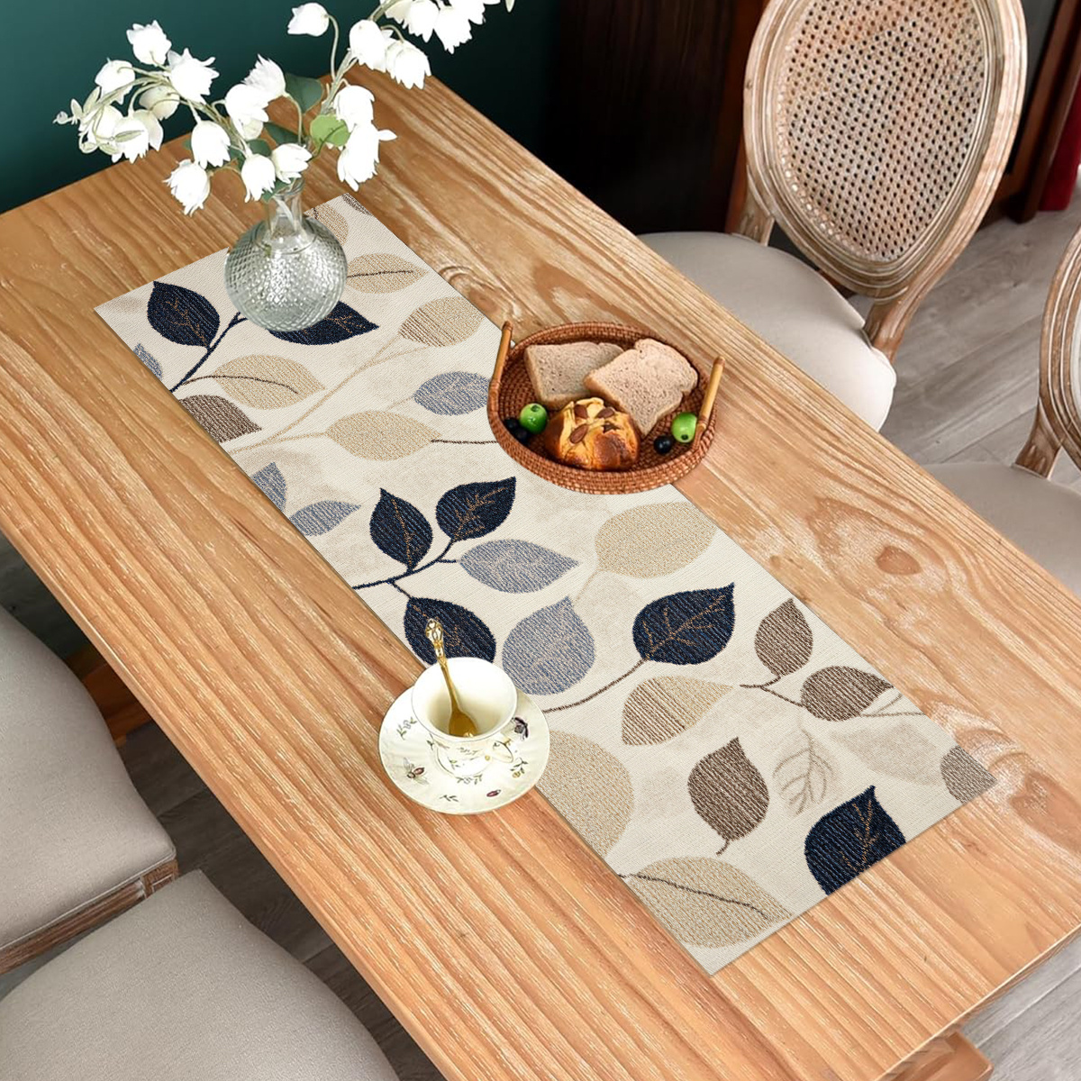 Elegant Floral Leaf Pattern Table Runner, 100% Polyester Woven Square Table Decor, Blue And Grey, For Dining, Coffee, And Tea Tables
