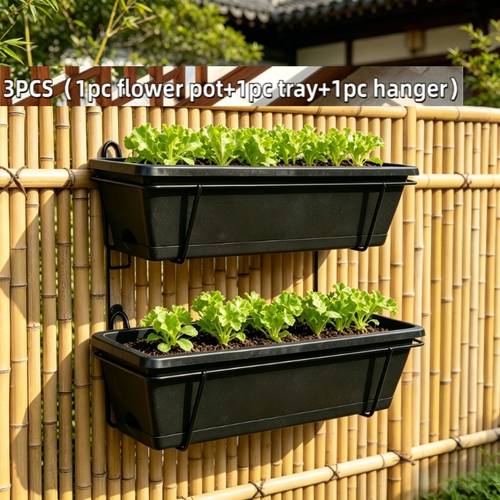 3pcs 1pc flower pot and 1pc tray and 1pc bracket large rectangular flower pot and support set planting tools railing planter suitable for indoor outdoor fences windowsills hanging planters