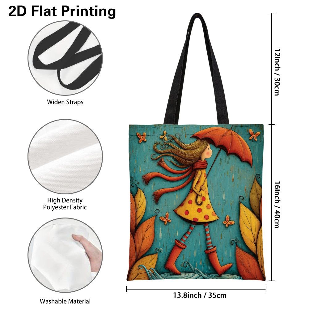 TEMU 1pc Stylish Autumn Walking Design Canvas Tote Bag, Vibrant 2d Printed Reusable Grocery Bags, Shoulder Handbag For Work, Shopping And Holiday