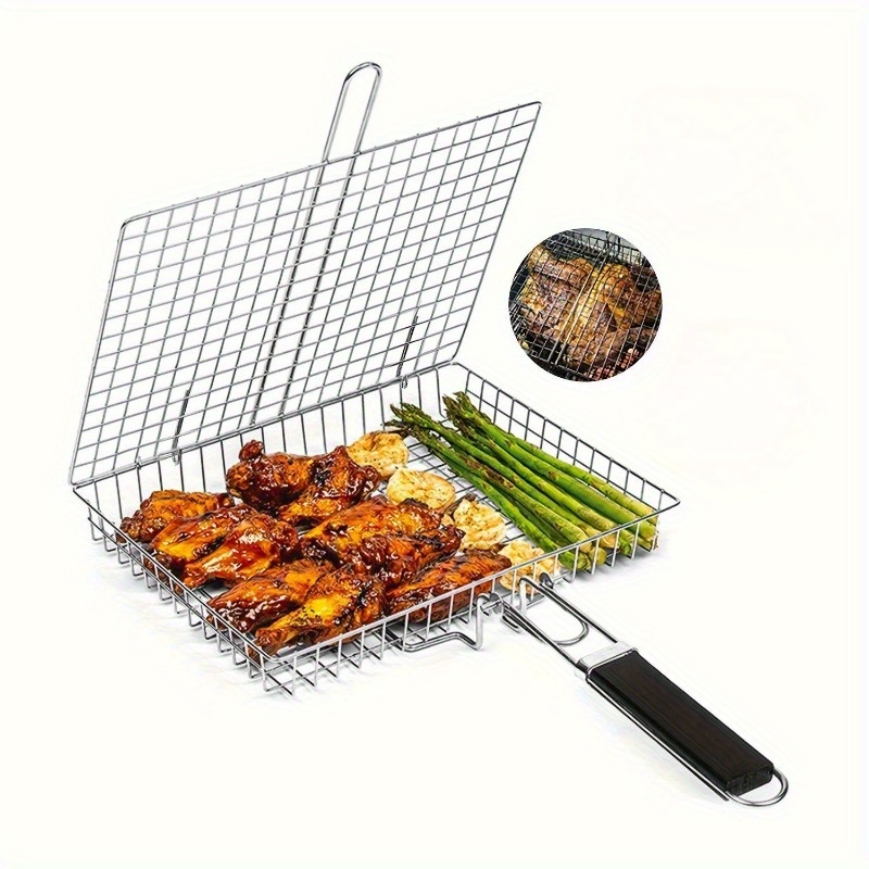 

1pc Portable Bbq Grill Basket, Equipped With A Wooden Handle, Reusable For Meat, Steak, Shrimp, And Vegetables, Suitable For Picnicking And Camping -metal