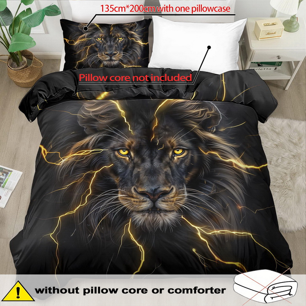 E-shop 2/3-teiliges Löwen-Bettwäsche-Tagesdecken-Set, Cheetah-Bettdeckenbezug, Schlafzimmerdeko, Gästezimmer, 2D-Blitz-Flachdruck (Enthält 1 Tagesdecke