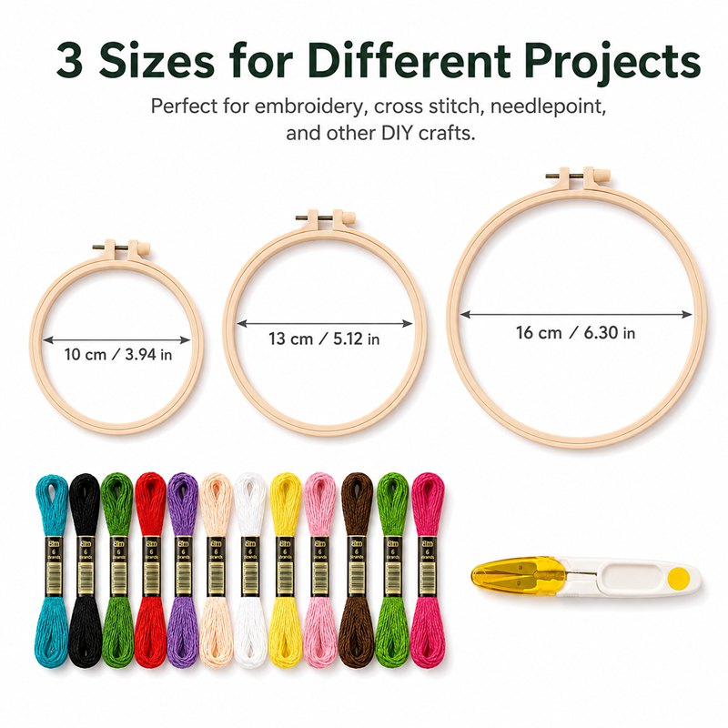 Embroidery Hand Kit with 3 Round Plastic Frames and 12 Skeins