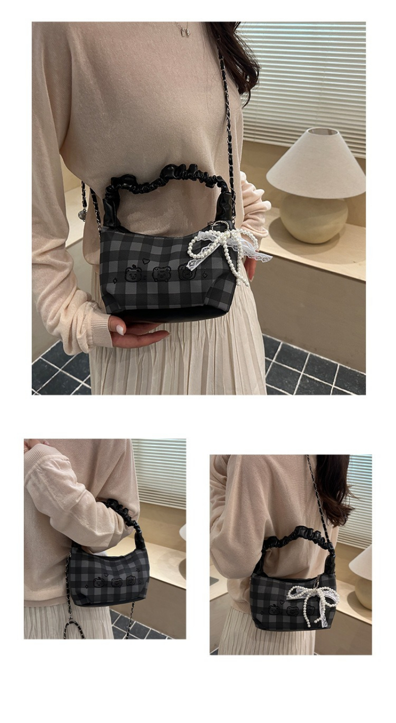 Plaid Ruched Handle Hobo Bag With Pearl Bow And Chain Shoulder Bag_voghion.com