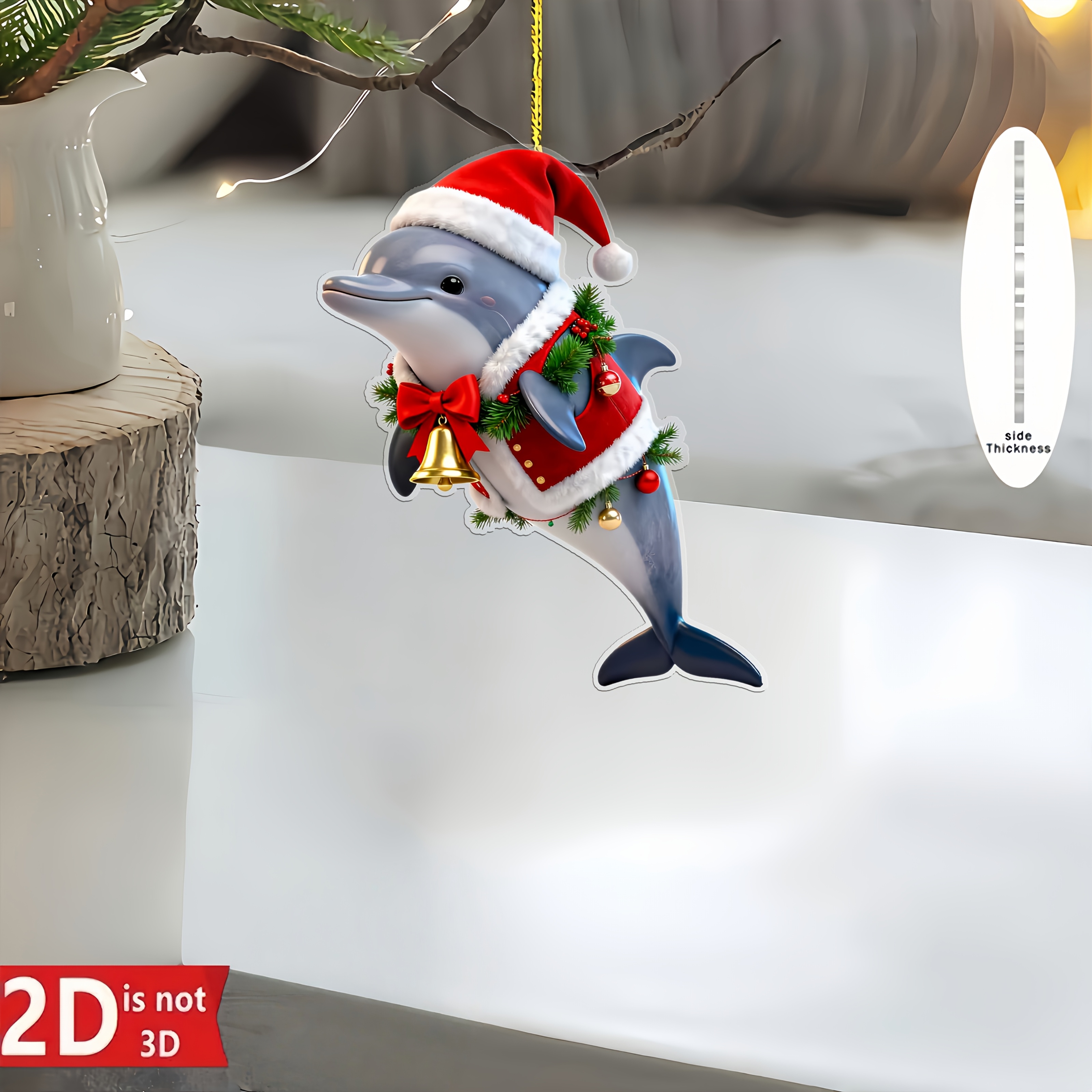 TEMU 2D-flach, 2D-flacher niedlicher Weihnachtsdelfin, langlebiger Weihnachtsbaumschmuck aus Acryl mit Schnur, geeignet für Weihnachtsdekoration,
