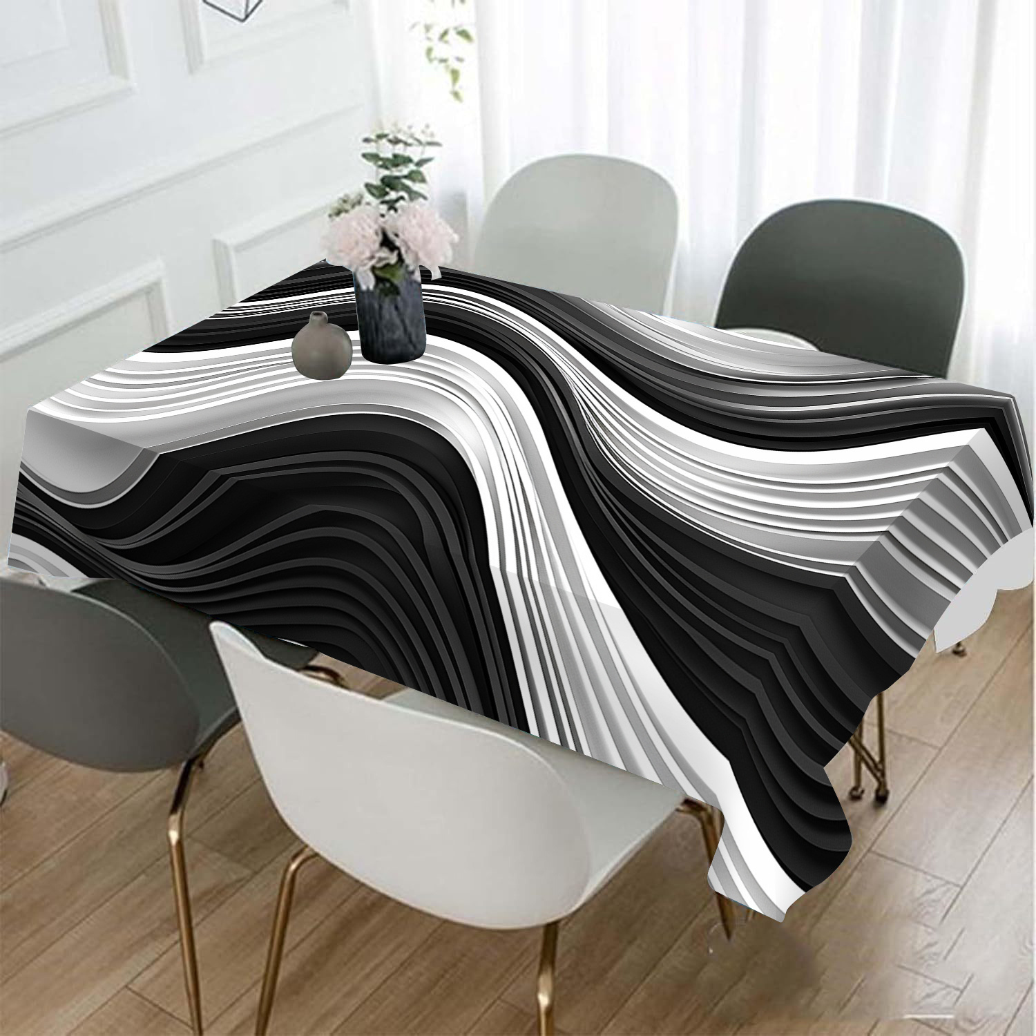 

Chic Black & White Tablecloth - Polyester, Rectangular Dustproof Cover For Living Room Coffee Table & Kitchen