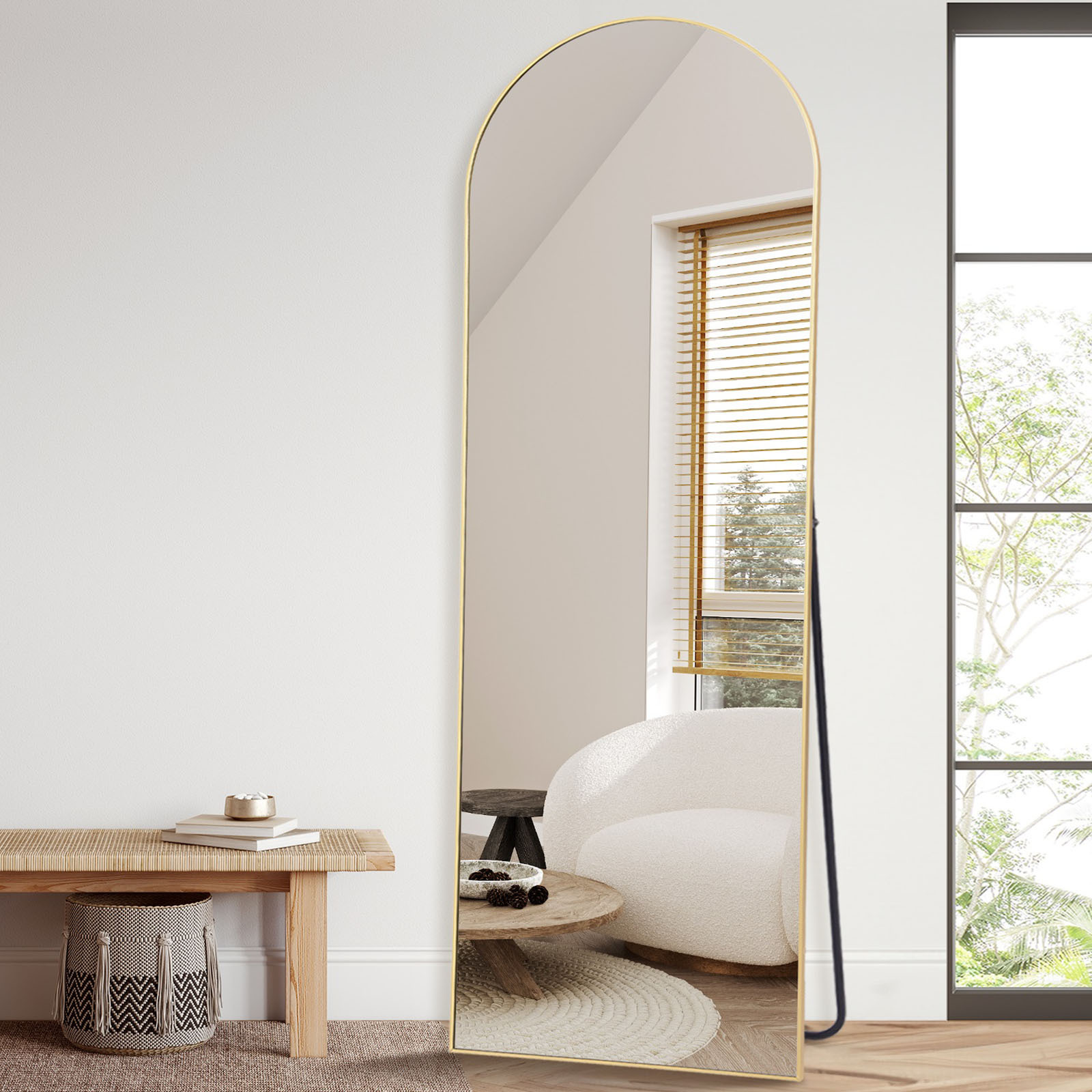 Elegant Arched Full-Length Mirror with Decorative Golden Frame