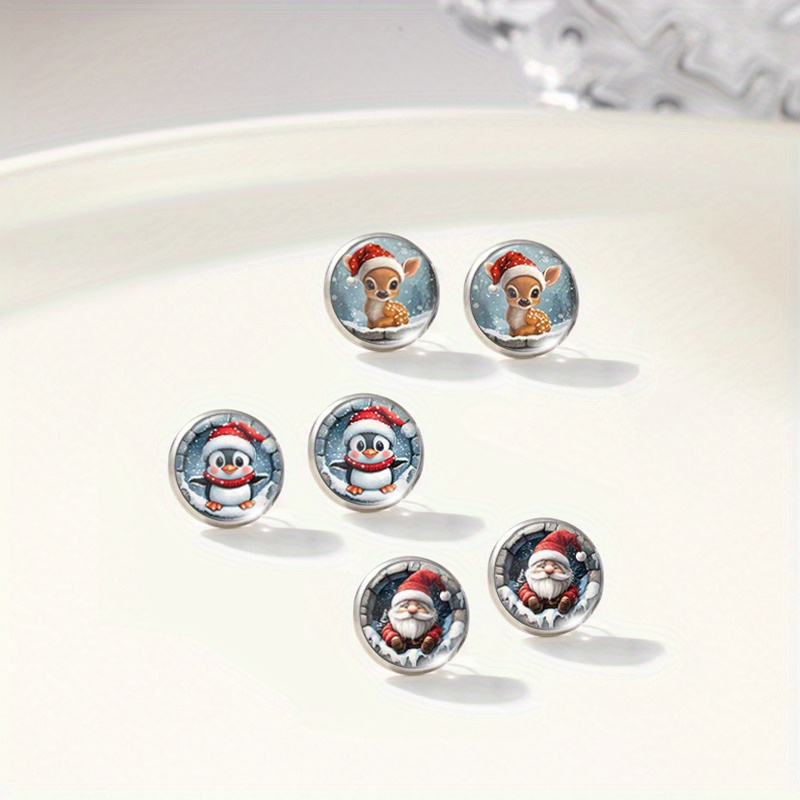 TEMU Ein Set aus drei bezaubernden Weihnachts-Ohrringen mit Weihnachtsmann, Rentier- und Pinguin-Design aus Glas und Edelstahl, als handgemachte
