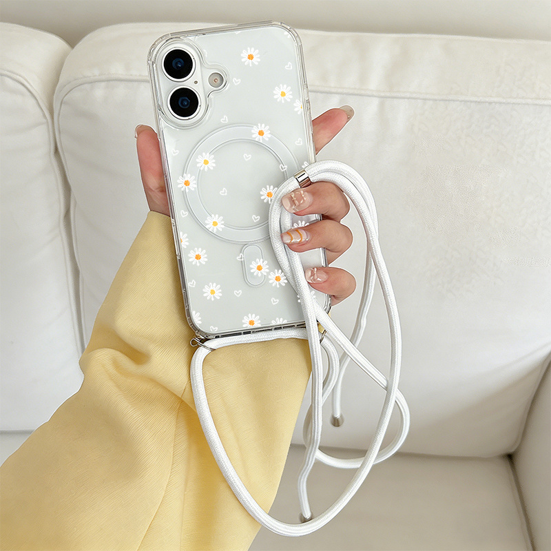 TEMU Phone Case - 1pc Suitable For Iphone 18 Pro Max Luxurious Fashionable Daisies And Heart Pattern Transparent Magnetic Suction Lanyard Phone Case