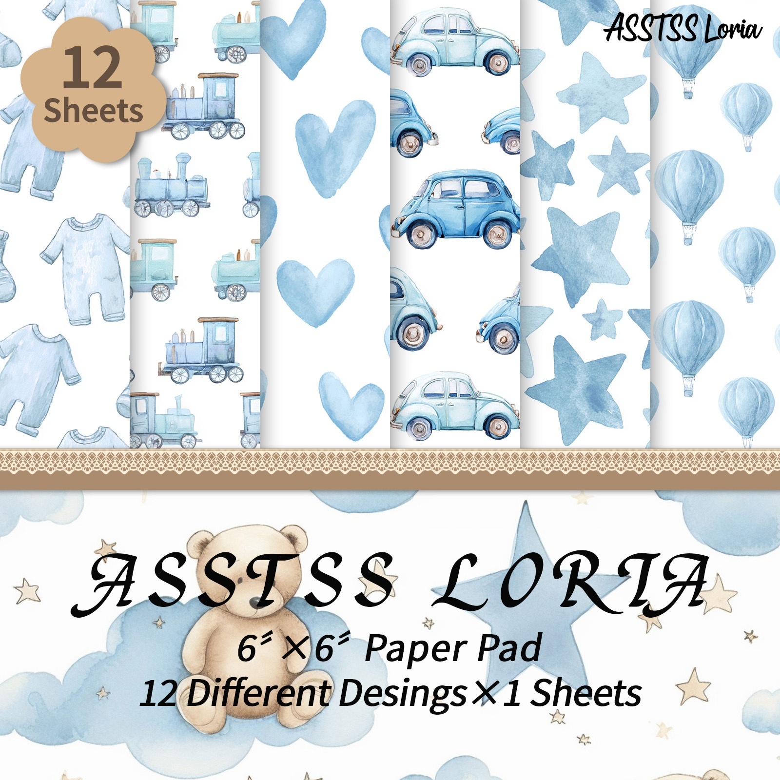 TEMU Bloc de papier scrapbooking ASSTSS Loria 6X6 pouces, 12 feuilles, série bébé, papier de support bleu pour nouveau-né, papier cartonné épais pour