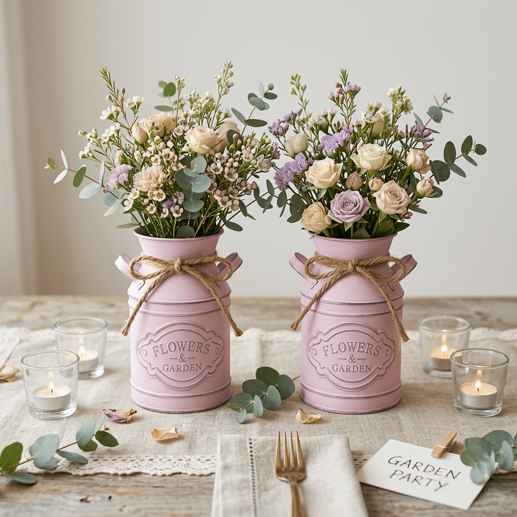 TEMU 2pcs Rustic Metal Milk Jug Vase With Twine, Farmhouse Wedding Party Table Centerpiece, Dried Flowers Birthday Decor Small Wedding Centerpiece,