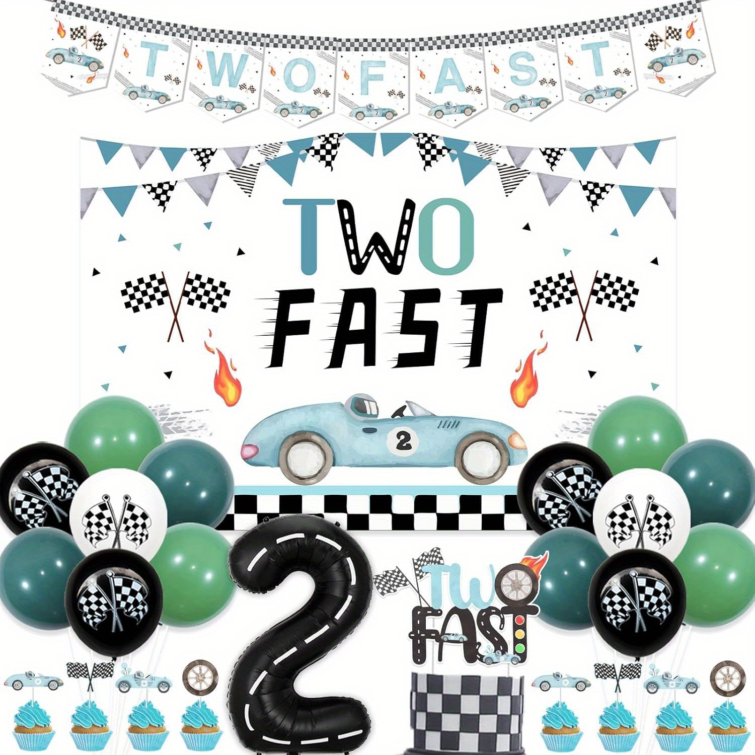 'Two Fast' Happy Birthday Banner - Race Car Themed 2nd Birthday Party Decorations For Boys