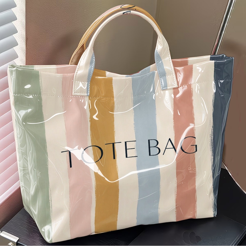 Women' Morandi Multicolor Vertical Stripe Tote Bag - Minimalist Pvc Handheld Carryall With Morandi Color Palette, Spacious Suitable For Office, Grocery Shopping, Travel, Daily , Soft Handbag For