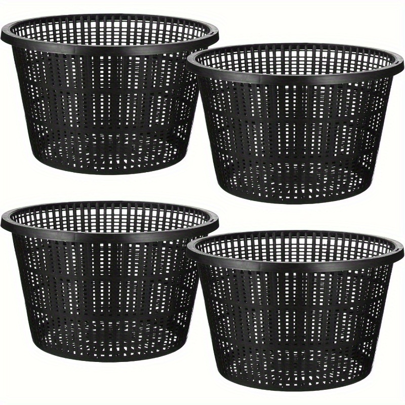 TEMU 4 Large 8.3-inch Black Plastic Hydroponic Mesh Baskets - Round With Drainage Holes, Lightweight And Durable Vintage-style Planters, Suitable For