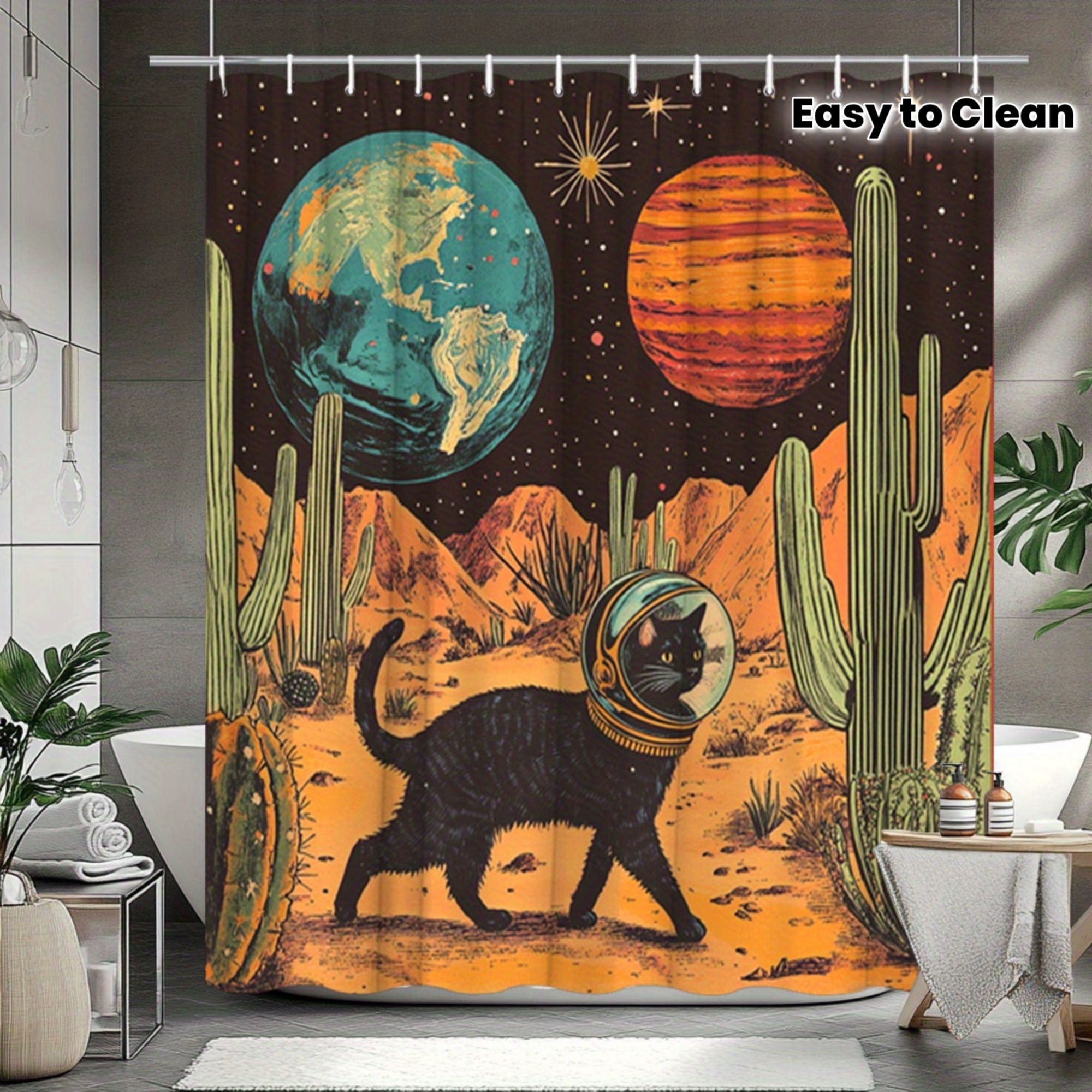 TEMU A Vintage Shower Curtain Featuring Cat Astronaut On A Desert Planet, Made From Colorful 60s Style Polyester Fabric For Bathroom Decoration. It