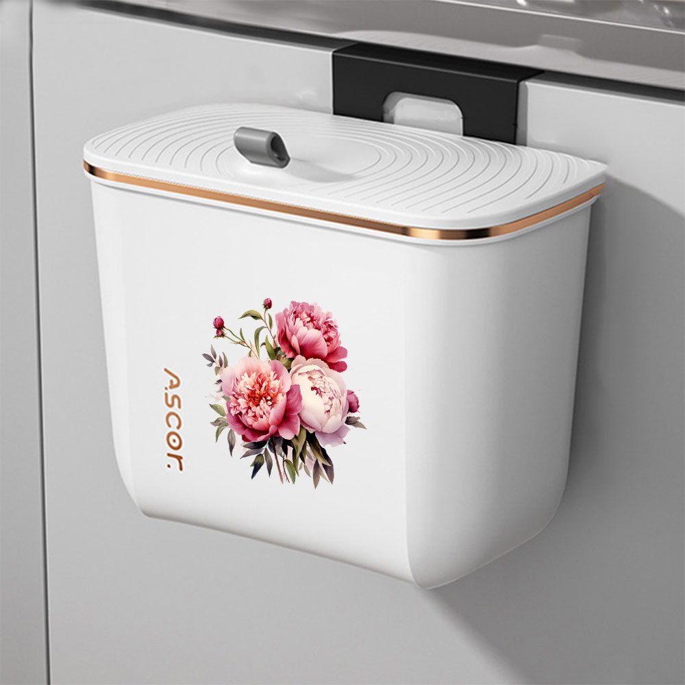 TEMU 1pc Peony Printed Hanging Dual Switch Trash Can, Wall Mounted Space Saving Garbage Bin, Waste Container For Kitchen Cabinet Home Dining Room