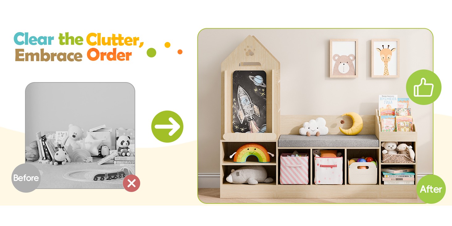 Bookshelf Featuring a Cozy Reading Corner, Wooden Organizer for Storage Equipped with a Chalkboard And Bench, Ideal Reading Nook for Boys And Girls, Shelf Suitable for Bedroom, Nursery, Or Playroom, Crafted from Natural Oak