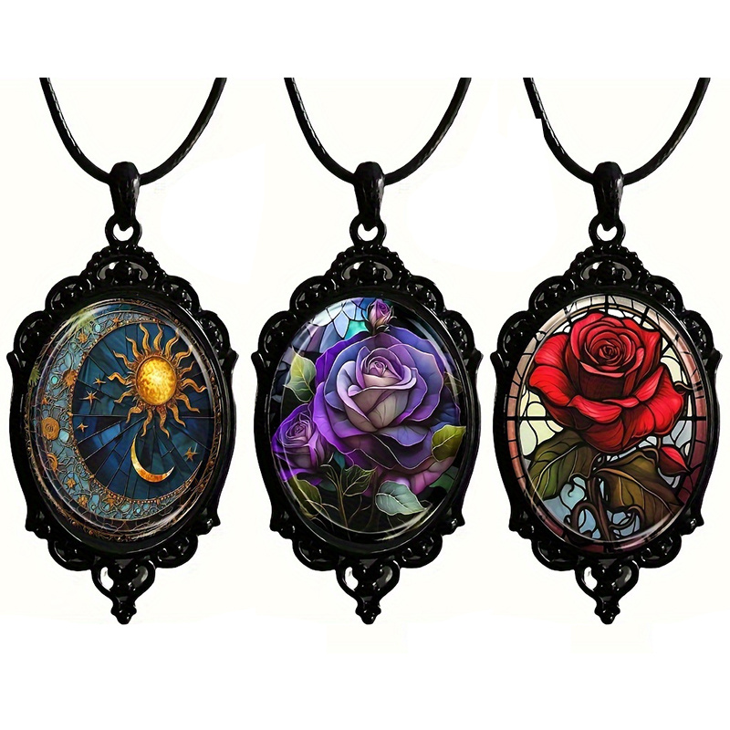 TEMU 3pcs/set Elegant Oval Glass Sun Pendant Necklace With Red Rose Pattern And Black Frame, Retro Romantic Jewelry Gift Valentine's Day Anniversary