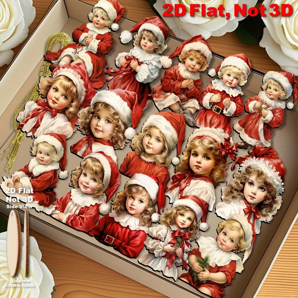 TEMU 2d Flat, [2d Flat] 15pcs/1 Set Victorian Era Wooden Christmas Decorations| Vintage Christmas Hat Girl Charm| Suitable For Christmas Trees, Home